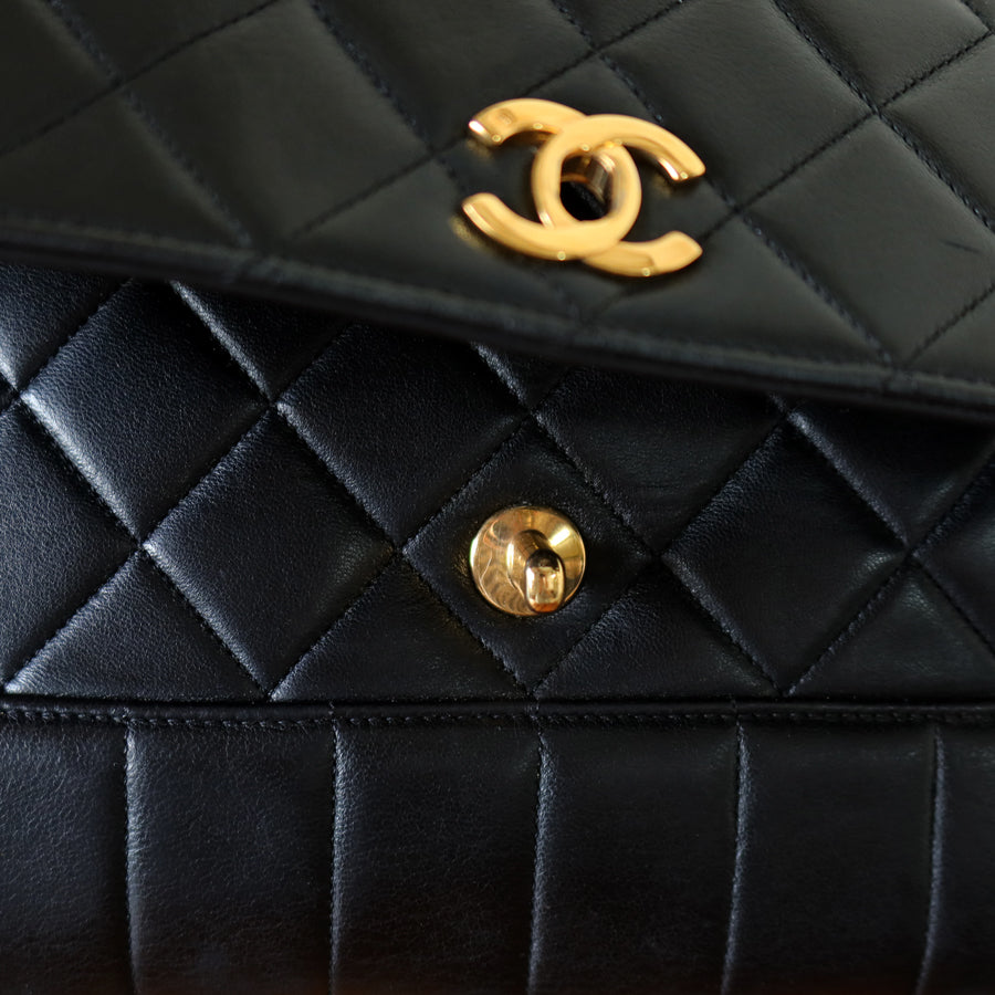 Rare Chanel Vintage Black Lambskin CC Turn Lock Double Quilted Shoulder Bag