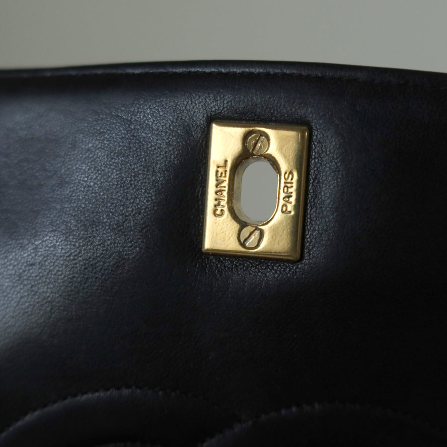 Rare Chanel Vintage Black Lambskin CC Turn Lock Double Quilted Shoulder Bag
