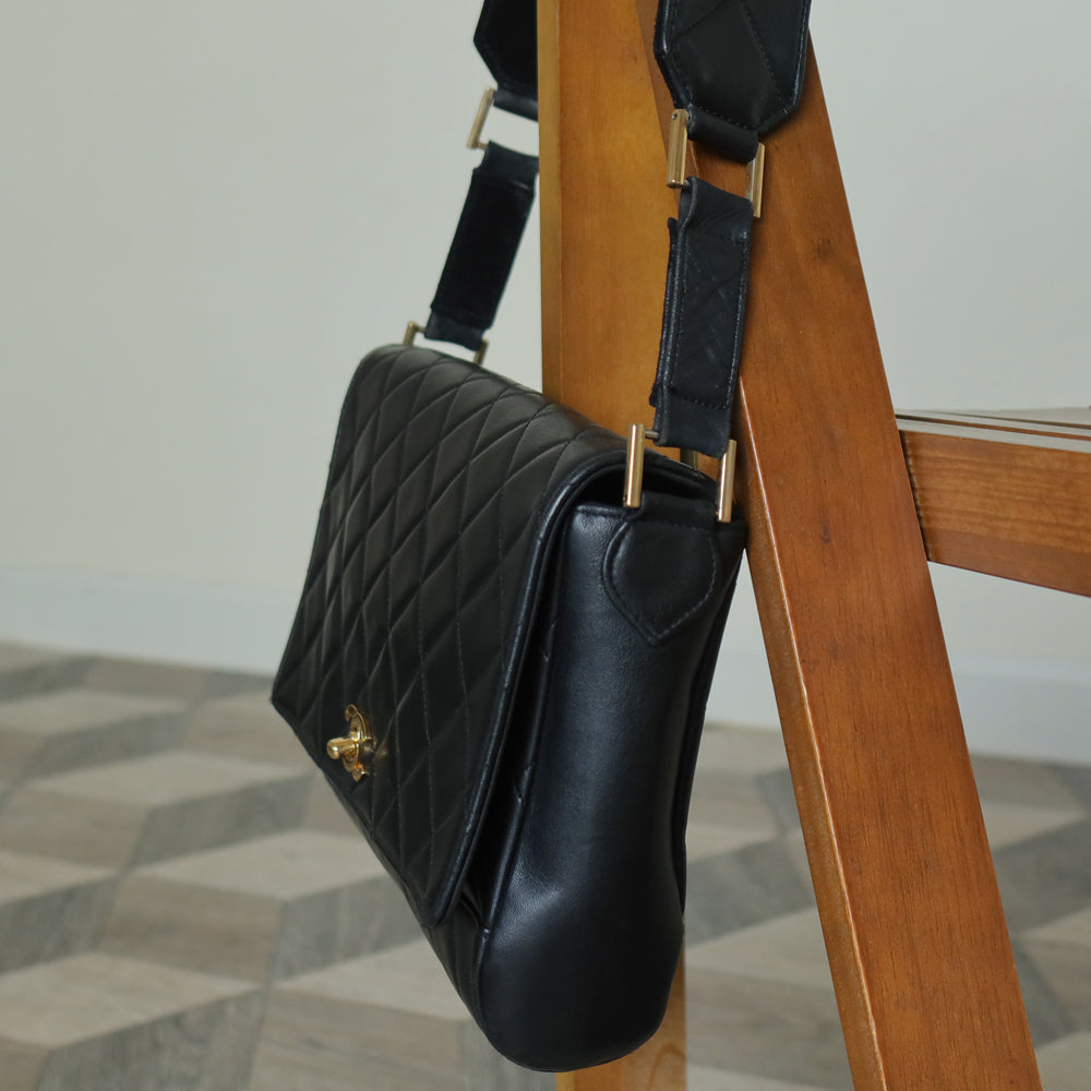 Rare Chanel Vintage Black Lambskin CC Turn Lock Double Quilted Shoulder Bag