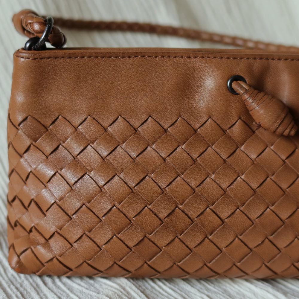 Bottega Veneta Vintage Caramel Brown Intrecciato Mini Pochette Clutch Shoulder Bag
