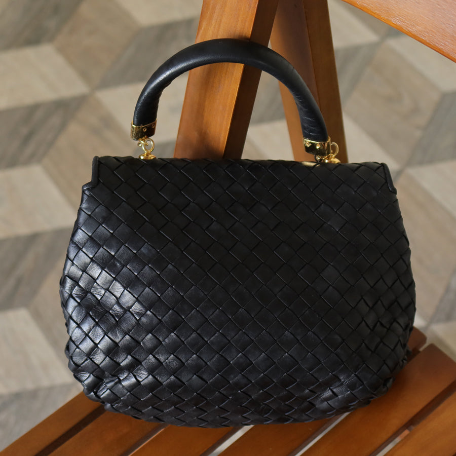 Bottega Veneta Vintage Black Intrecciato Weave Turn Lock Hand Bag M