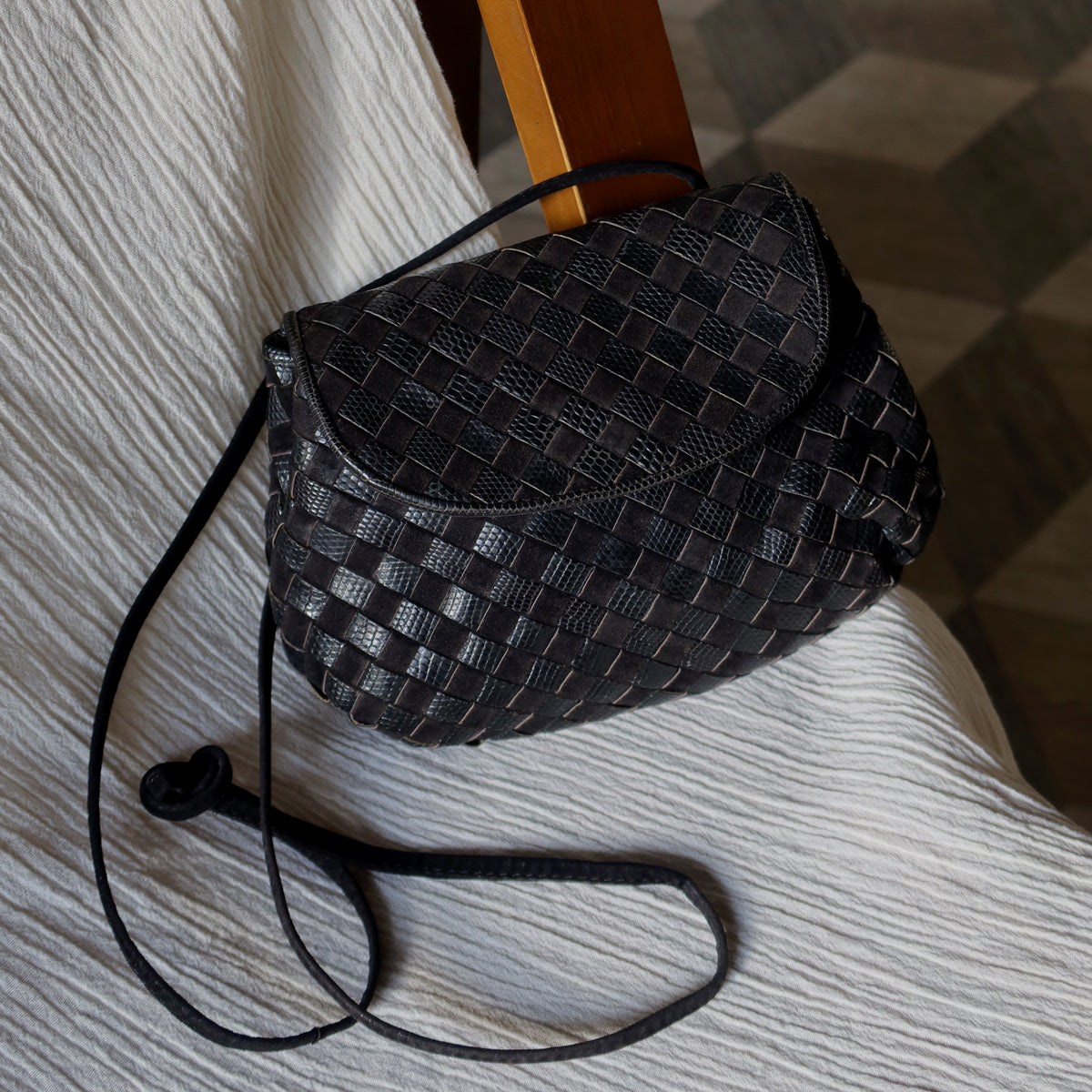 Bottega Veneta Vintage Black Leather Intrecciato Weave Pouch Shoulder Bag