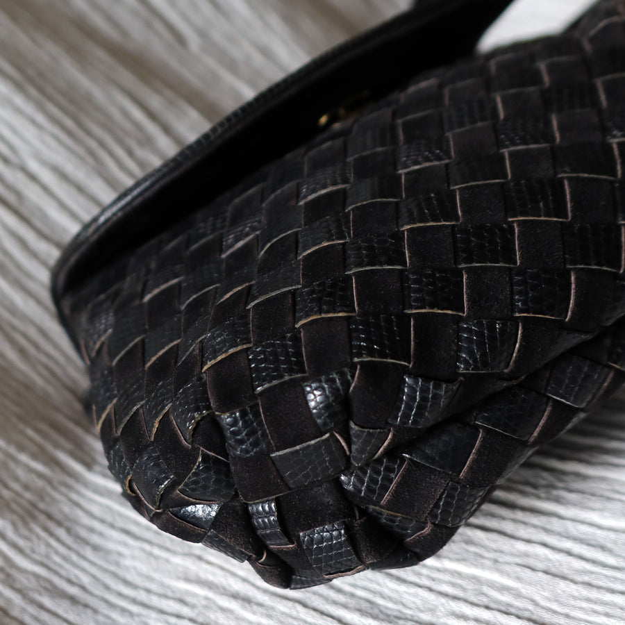 Bottega Veneta Vintage Black Leather Intrecciato Weave Pouch Shoulder Bag