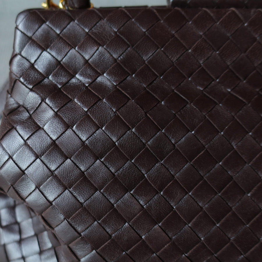 Bottega Veneta Vintage Dark Brown Intrecciato Kiss Lock 2way Bag