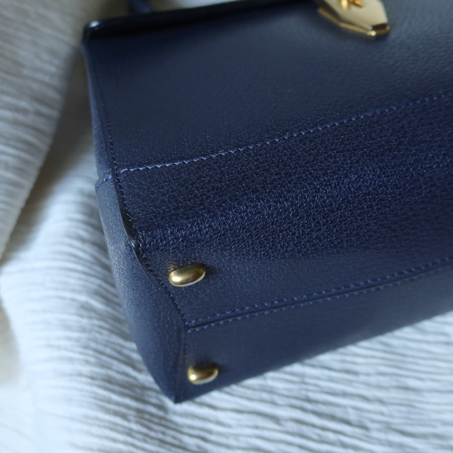 Rare Celine Vintage Dark Blue Gold Turn lock Top Handle Shoulder Flap Bag