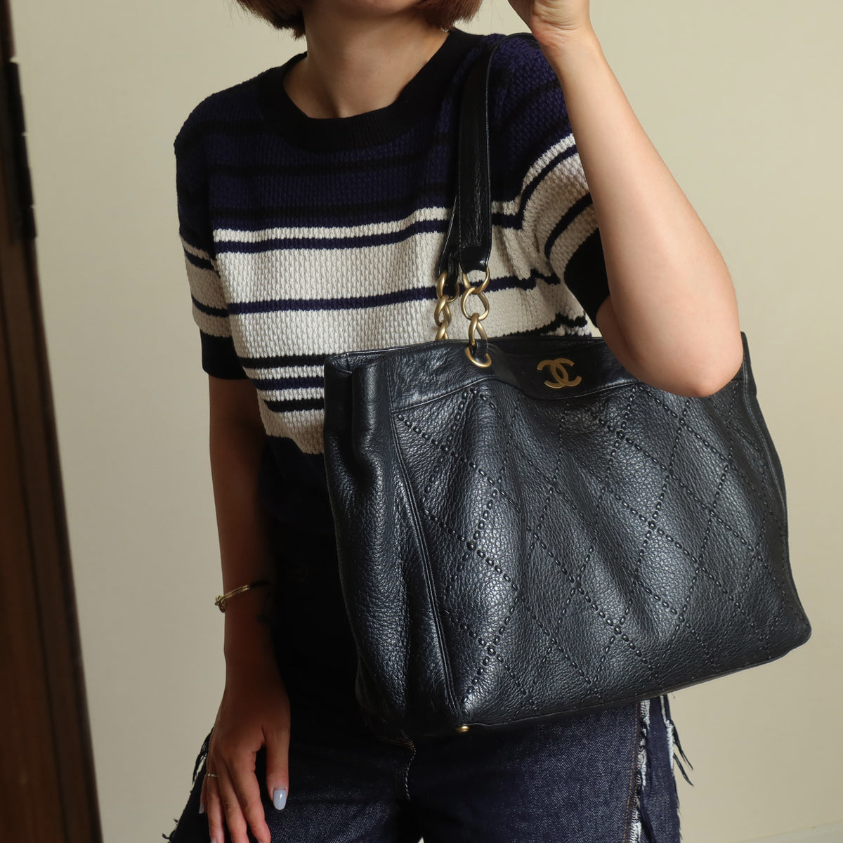 Chanel Vintage Black Diamond Stitched CC mark Large Shoulder Tote Bag