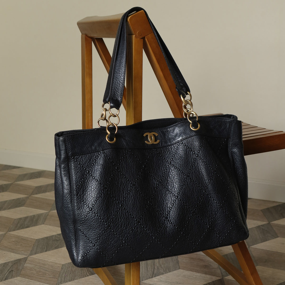 Chanel Vintage Black Diamond Stitched CC mark Large Shoulder Tote Bag