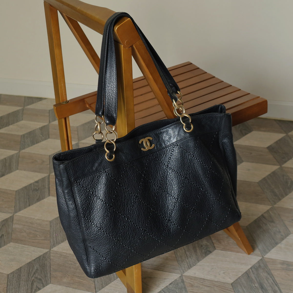 Chanel Vintage Black Diamond Stitched CC mark Large Shoulder Tote Bag