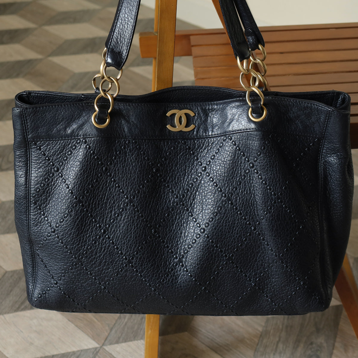 Chanel Vintage Black Diamond Stitched CC mark Large Shoulder Tote Bag