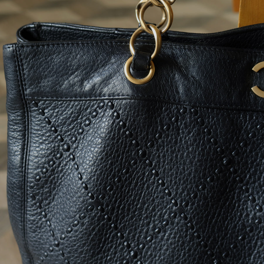 Chanel Vintage Black Diamond Stitched CC mark Large Shoulder Tote Bag