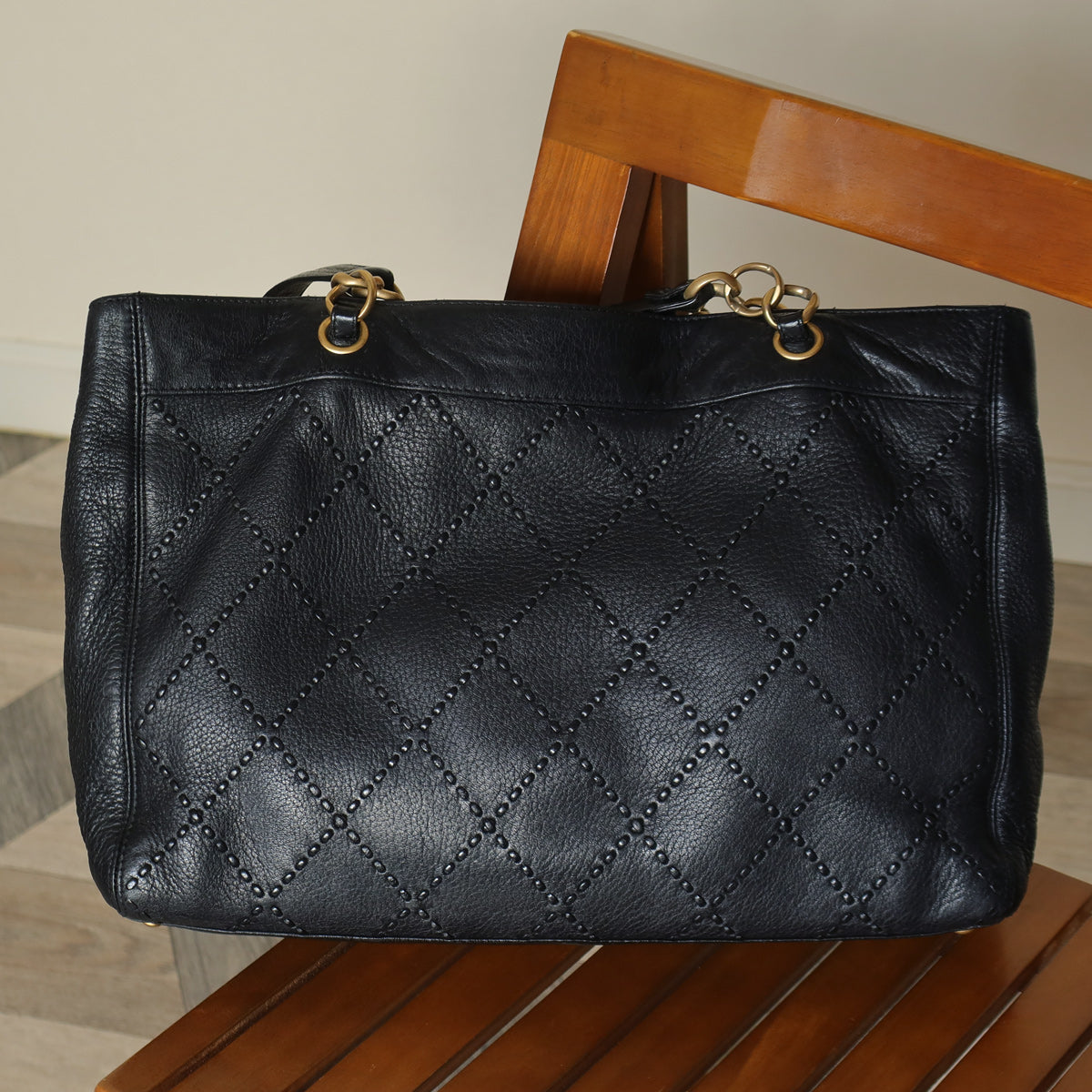 Chanel Vintage Black Diamond Stitched CC mark Large Shoulder Tote Bag