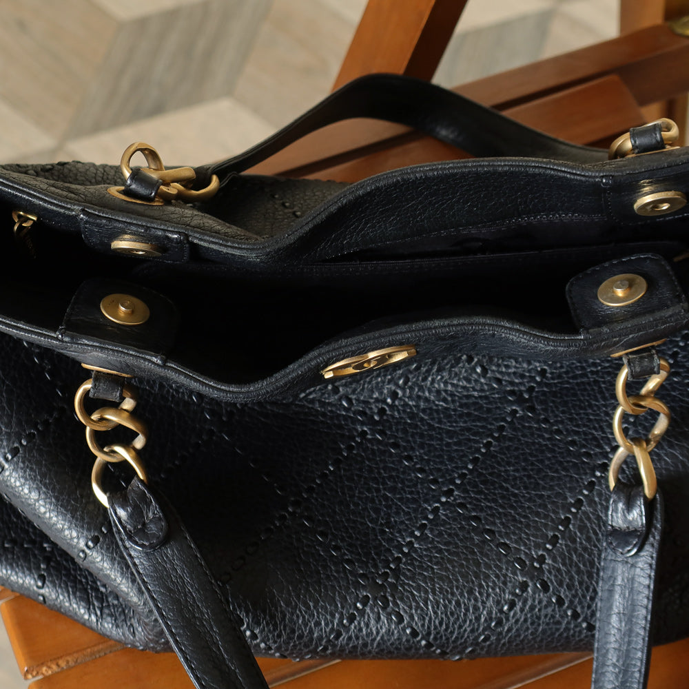 Chanel Vintage Black Diamond Stitched CC mark Large Shoulder Tote Bag