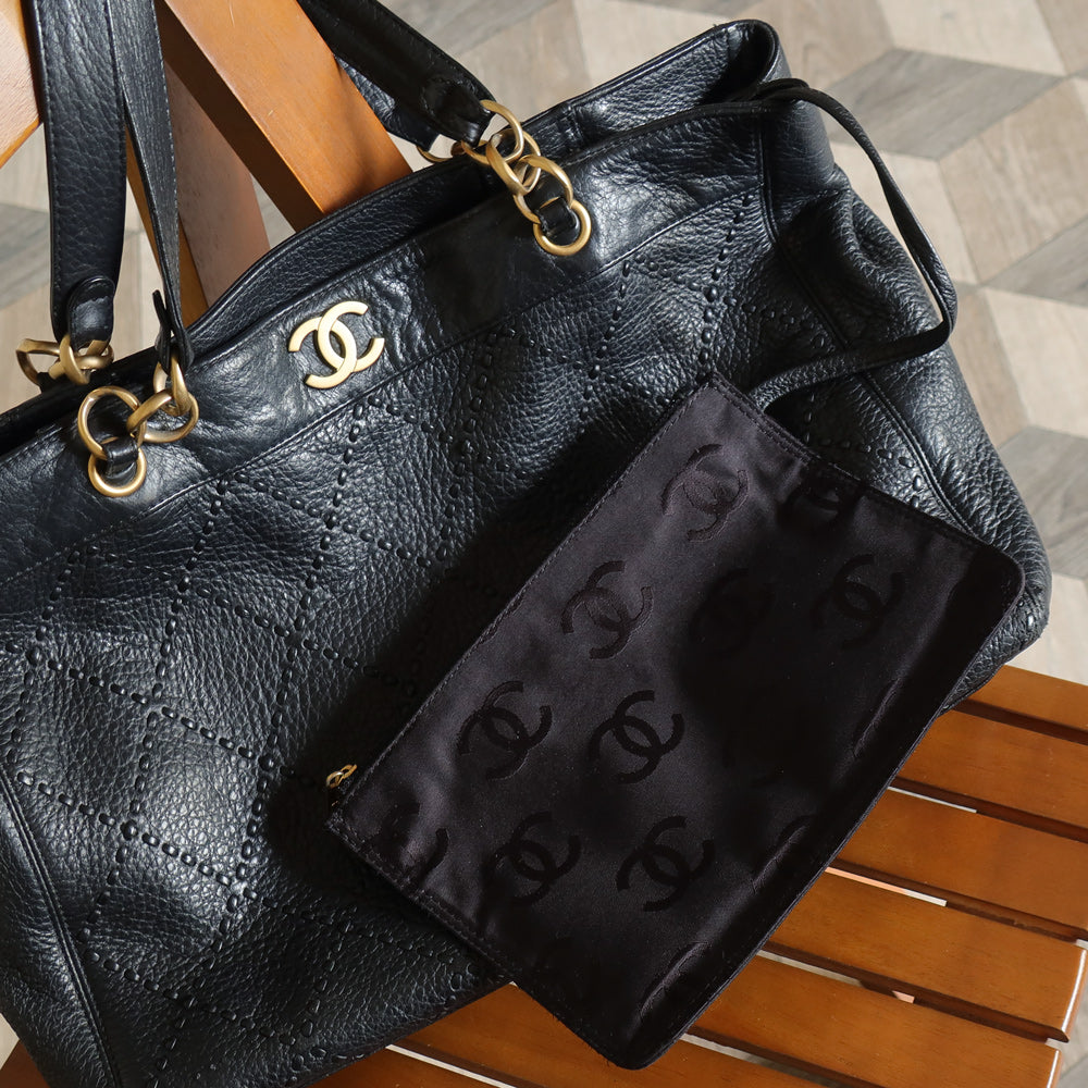 Chanel Vintage Black Diamond Stitched CC mark Large Shoulder Tote Bag