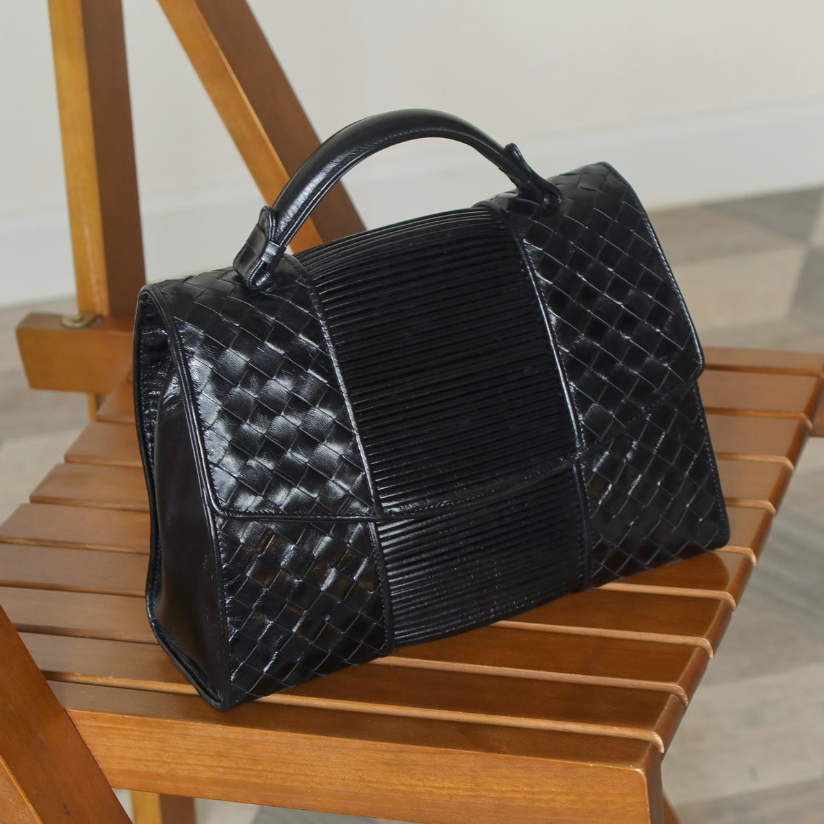Bottega Veneta Vintage Black Glossy Leather Intrecciato Weave Top Handle Bag
