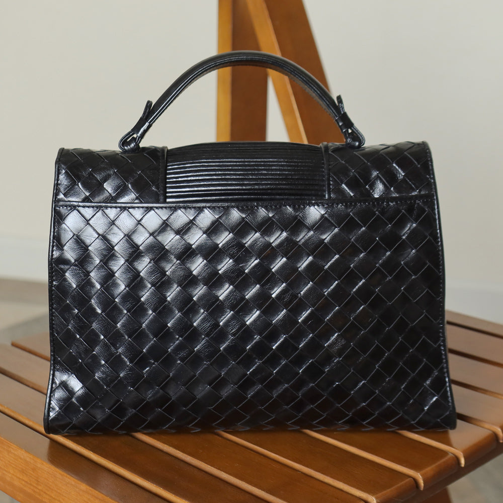 Bottega Veneta Vintage Black Glossy Leather Intrecciato Weave Top Handle Bag