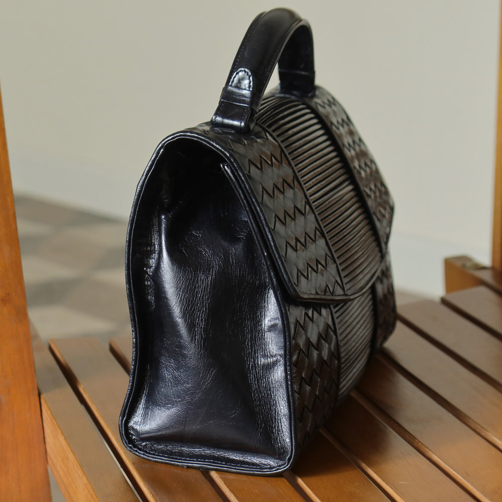 Bottega Veneta Vintage Black Glossy Leather Intrecciato Weave Top Handle Bag
