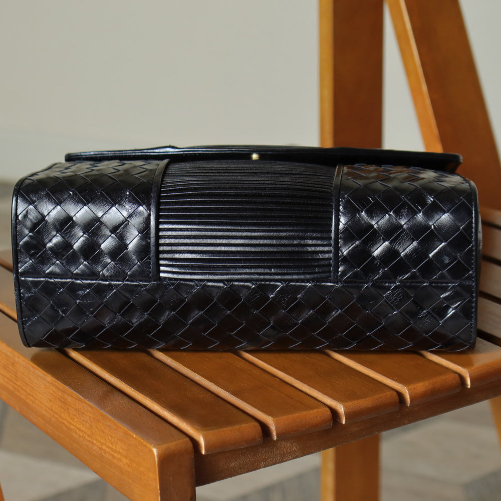 Bottega Veneta Vintage Black Glossy Leather Intrecciato Weave Top Handle Bag