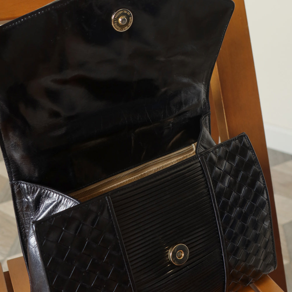 Bottega Veneta Vintage Black Glossy Leather Intrecciato Weave Top Handle Bag