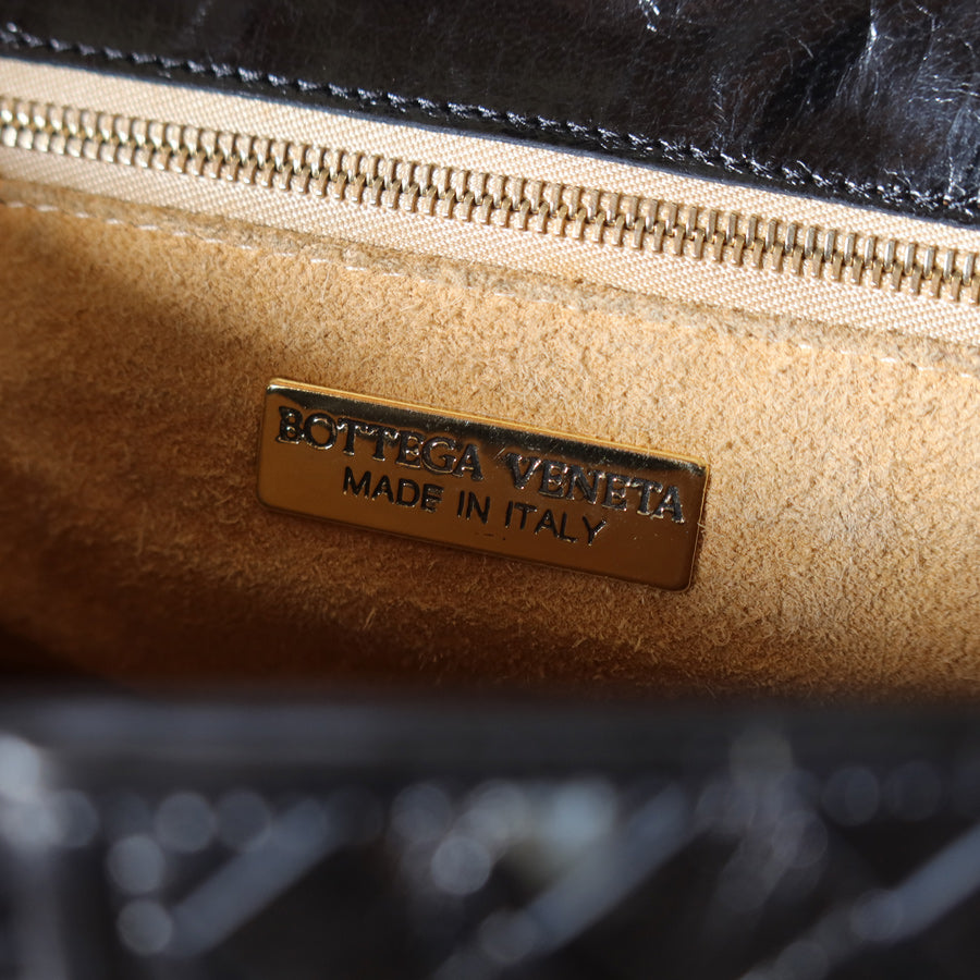 Bottega Veneta Vintage Black Glossy Leather Intrecciato Weave Top Handle Bag