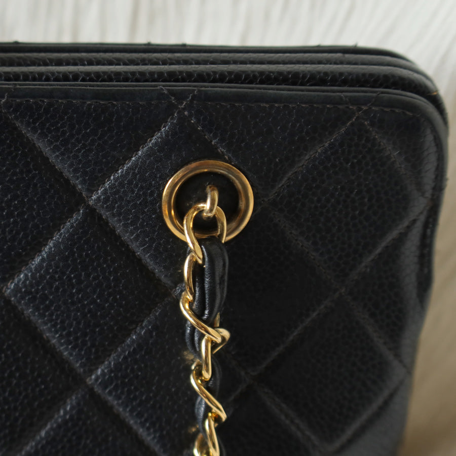 Vintage Chanel Black Caviar Leather Matelassé CC Turn lock Double Chain Shoulder Bag