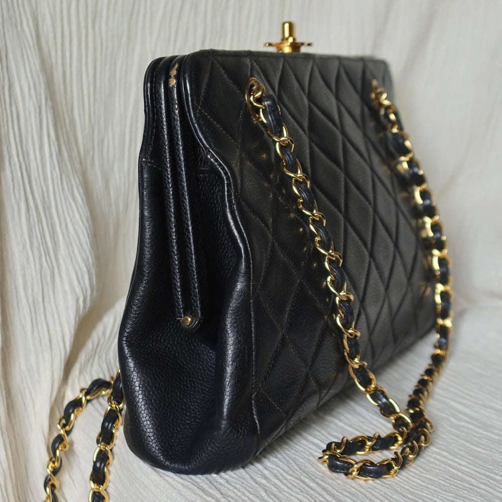 Vintage Chanel Black Caviar Leather Matelassé CC Turn lock Double Chain Shoulder Bag