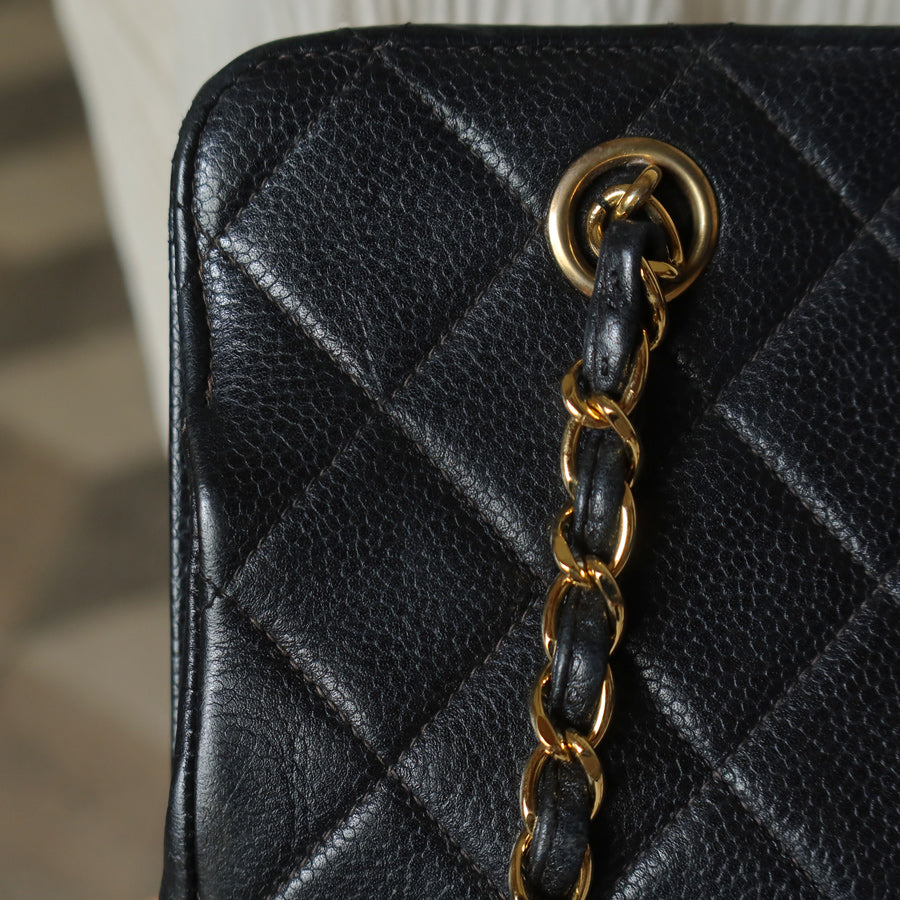 Vintage Chanel Black Caviar Leather Matelassé CC Turn lock Double Chain Shoulder Bag
