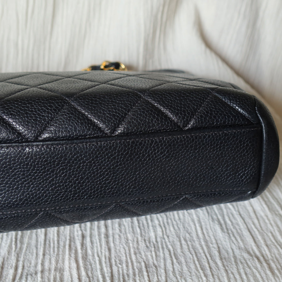 Vintage Chanel Black Caviar Leather Matelassé CC Turn lock Double Chain Shoulder Bag