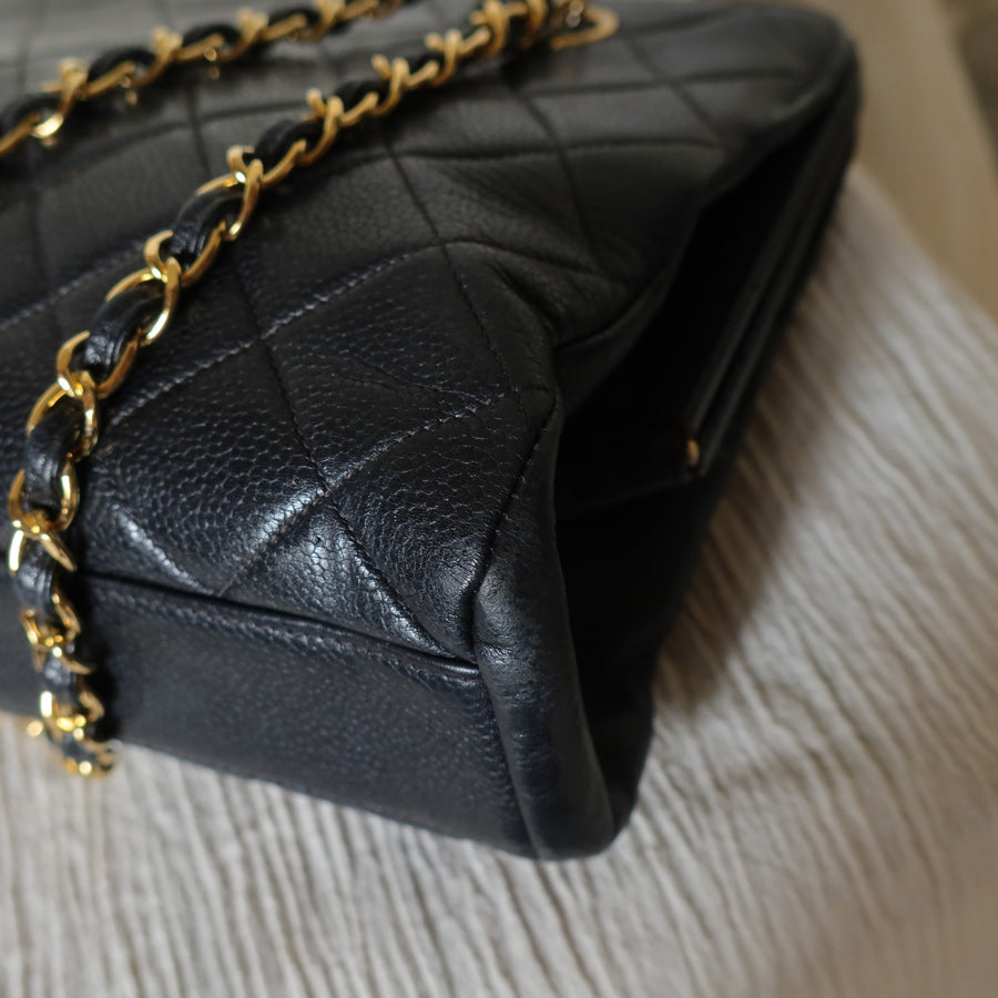 Vintage Chanel Black Caviar Leather Matelassé CC Turn lock Double Chain Shoulder Bag