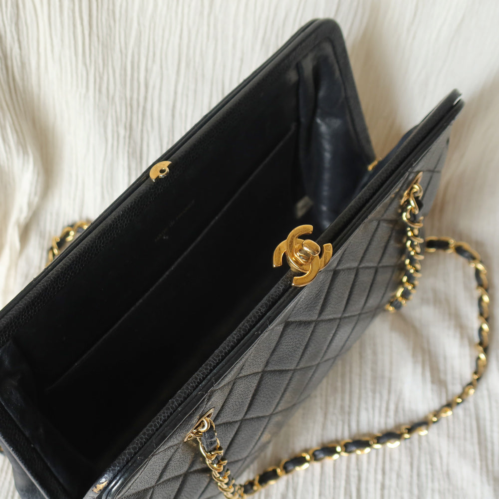 Vintage Chanel Black Caviar Leather Matelassé CC Turn lock Double Chain Shoulder Bag
