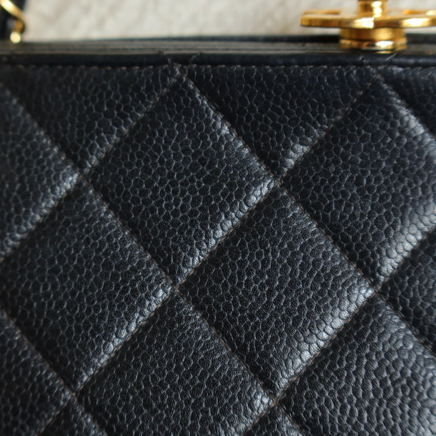 Vintage Chanel Black Caviar Leather Matelassé CC Turn lock Double Chain Shoulder Bag