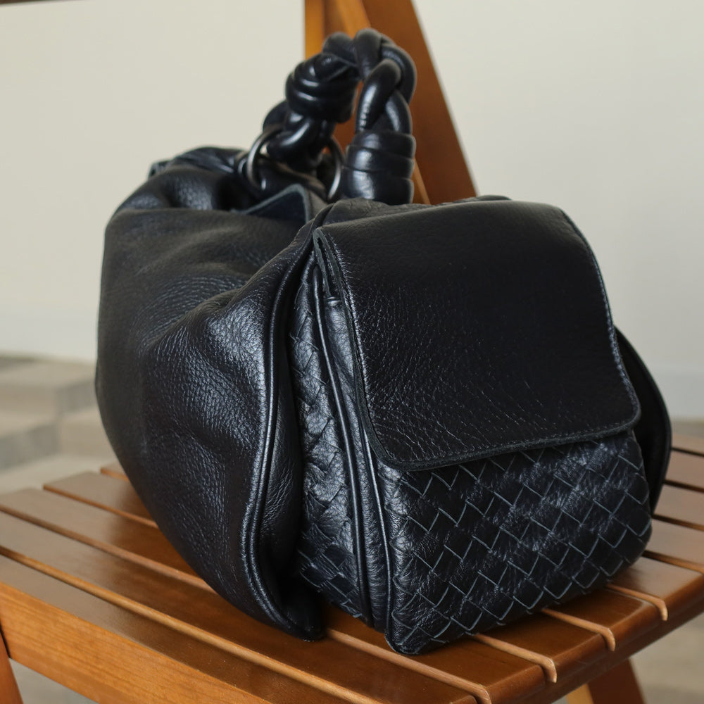 Bottega Veneta Vintage Black Intrecciato Leather Braided Strap Shoulder Bag