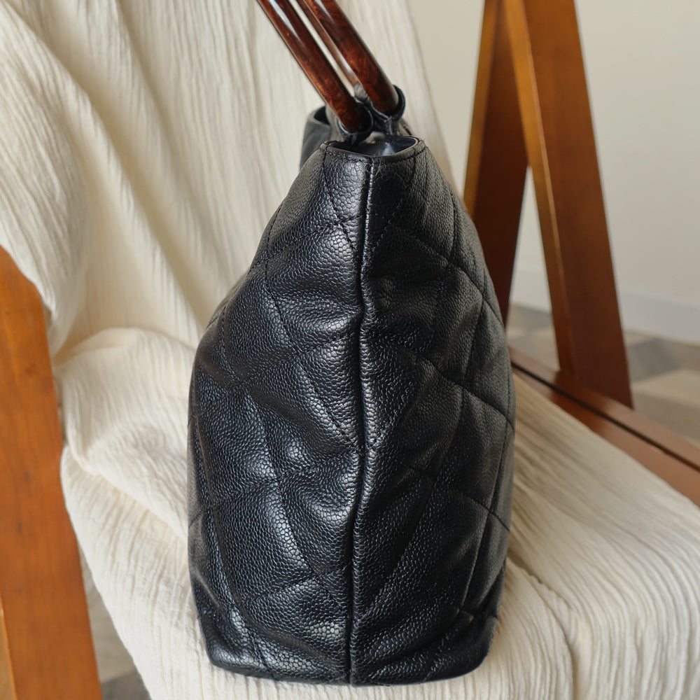 Chanel Vintage Quilted Black Caviar Leather CC mark Top Handle Weekend Bag