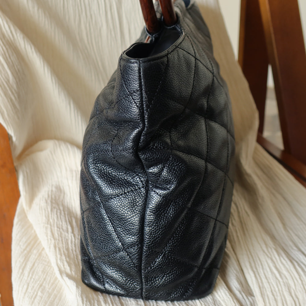 Chanel Vintage Quilted Black Caviar Leather CC mark Top Handle Weekend Bag