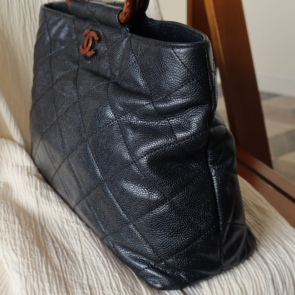 Chanel Vintage Quilted Black Caviar Leather CC mark Top Handle Weekend Bag