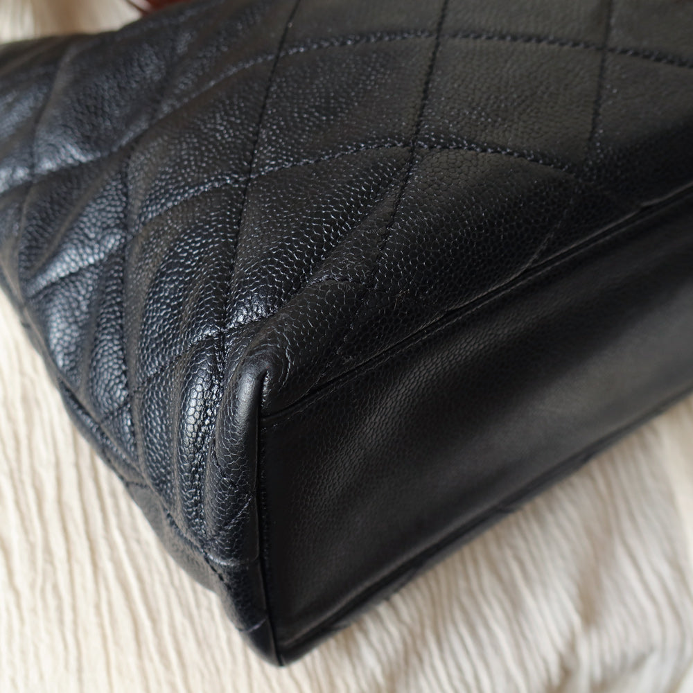 Chanel Vintage Quilted Black Caviar Leather CC mark Top Handle Weekend Bag