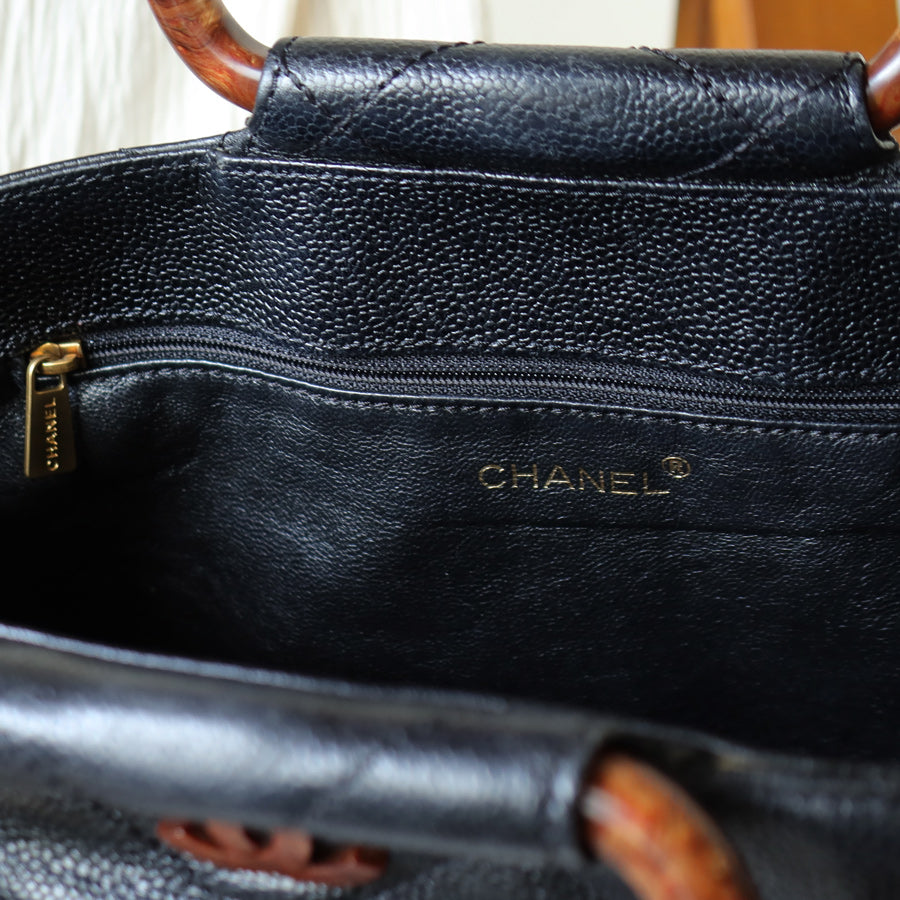 Chanel Vintage Quilted Black Caviar Leather CC mark Top Handle Weekend Bag
