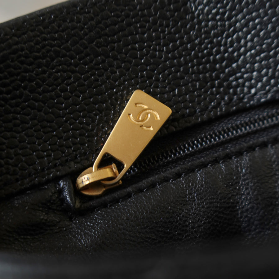 Chanel Vintage Quilted Black Caviar Leather CC mark Top Handle Weekend Bag