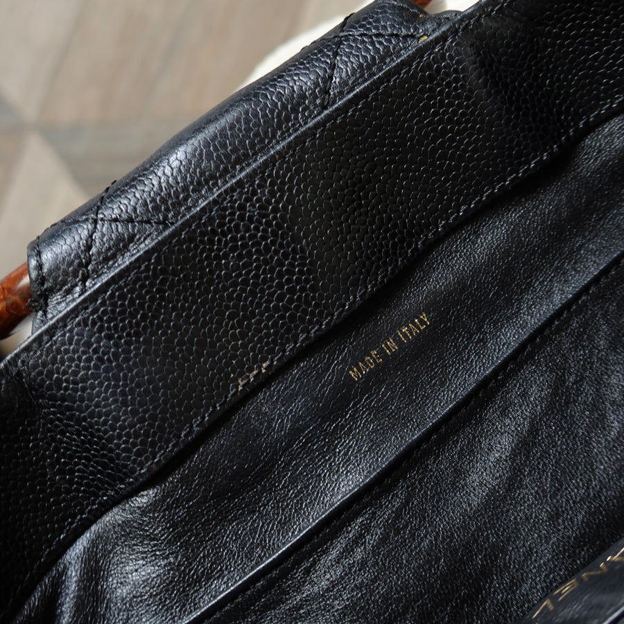 Chanel Vintage Quilted Black Caviar Leather CC mark Top Handle Weekend Bag