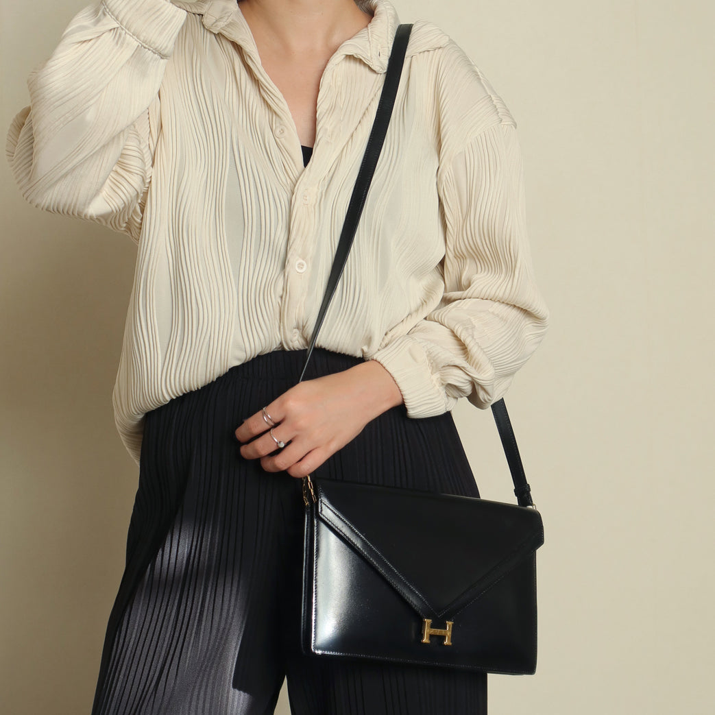Vintage Hermès Black Box Calf Leather Lydie 2-way Clutch Bag