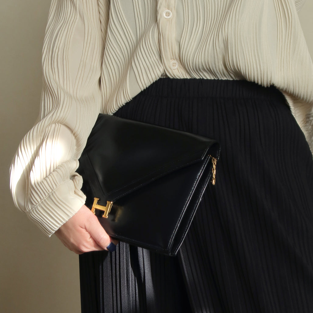 Vintage Hermès Black Box Calf Leather Lydie 2-way Clutch Bag