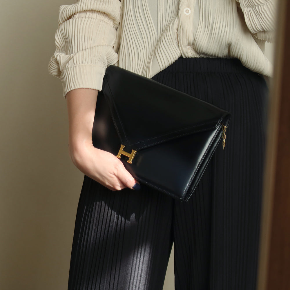 Vintage Hermès Black Box Calf Leather Lydie 2-way Clutch Bag