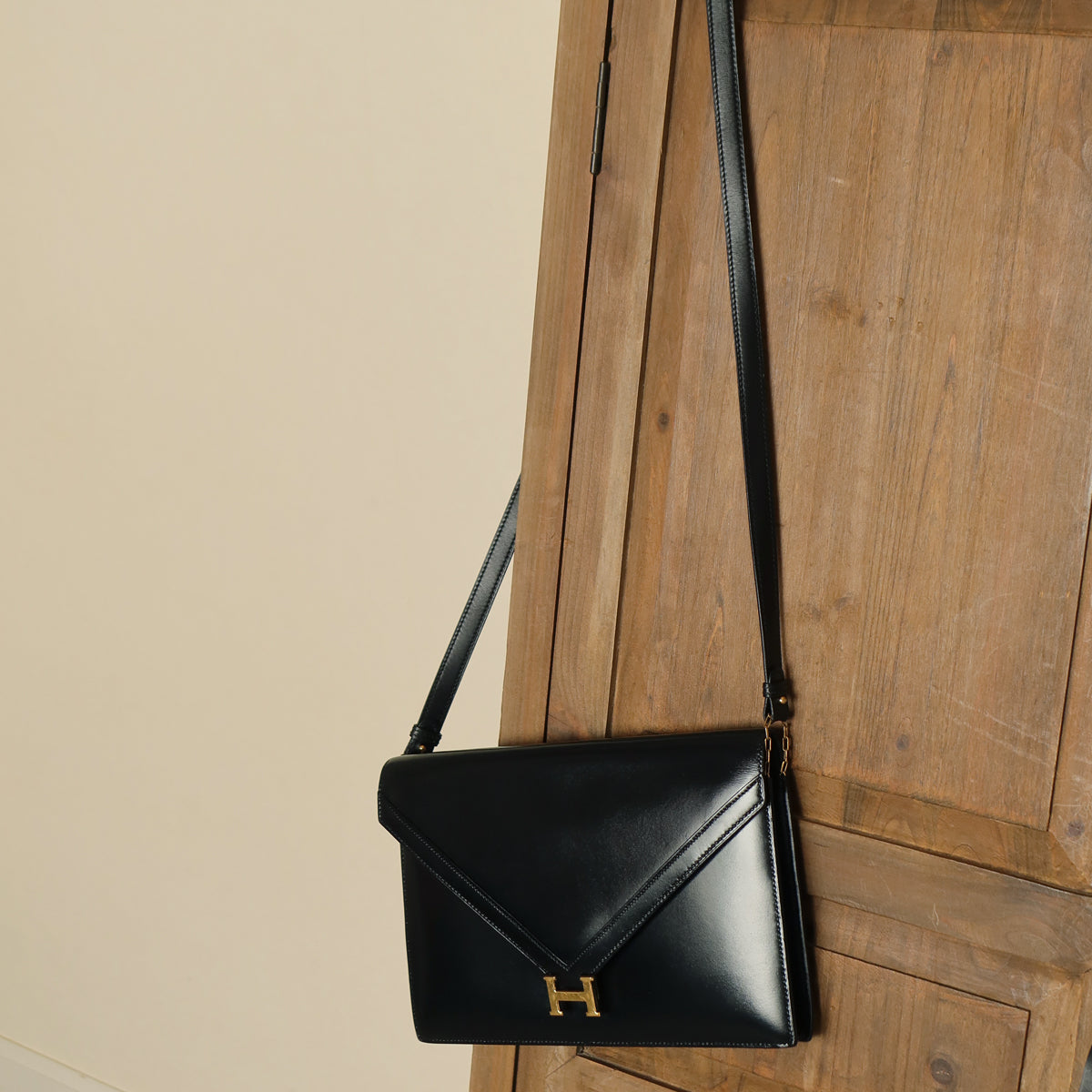 Vintage Hermès Black Box Calf Leather Lydie 2-way Clutch Bag