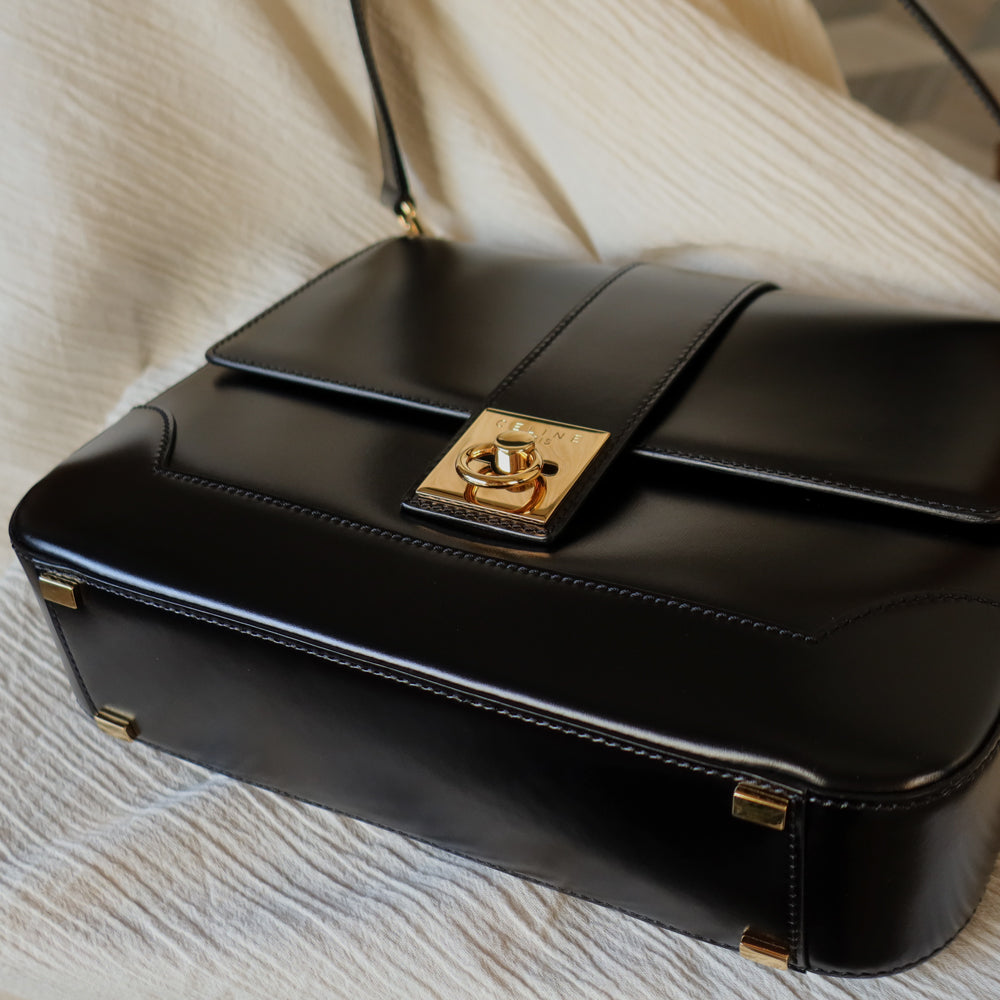 Celine Vintage Black Gancini Calfskin Leather Gold Buckle Shoulder Bag