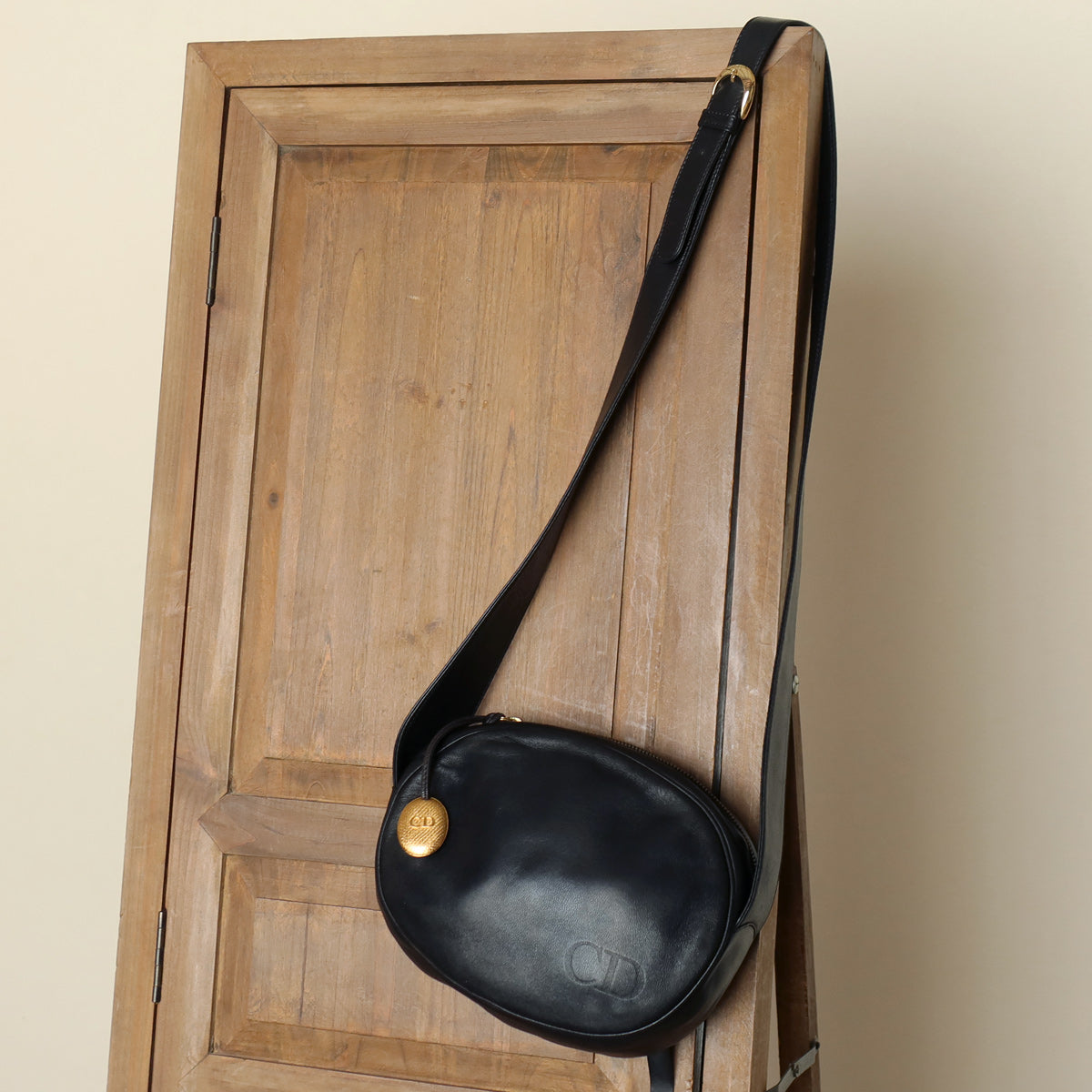 Christian Dior Vintage Black Leather Gold CD Cannage Charm Crossbody Bag