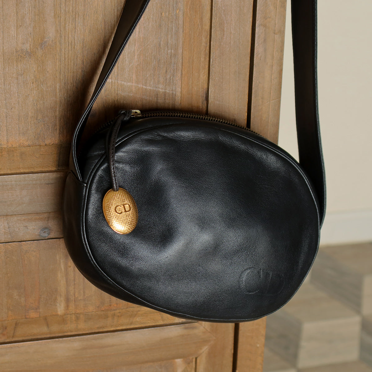 Christian Dior Vintage Black Leather Gold CD Cannage Charm Crossbody Bag