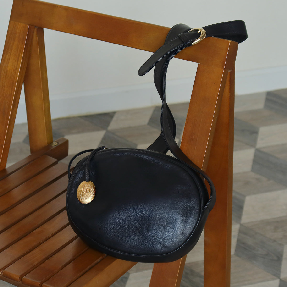 Christian Dior Vintage Black Leather Gold CD Cannage Charm Crossbody Bag