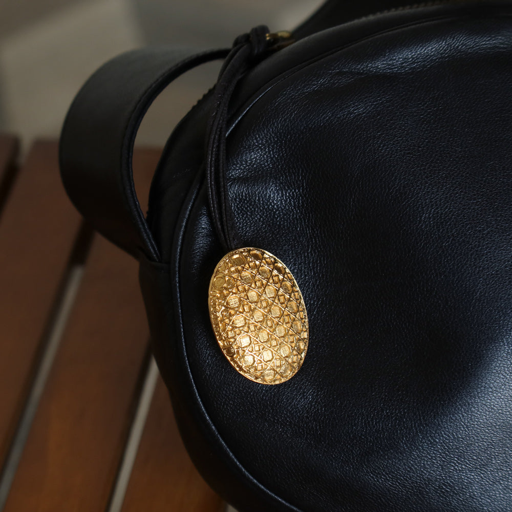 Christian Dior Vintage Black Leather Gold CD Cannage Charm Crossbody Bag