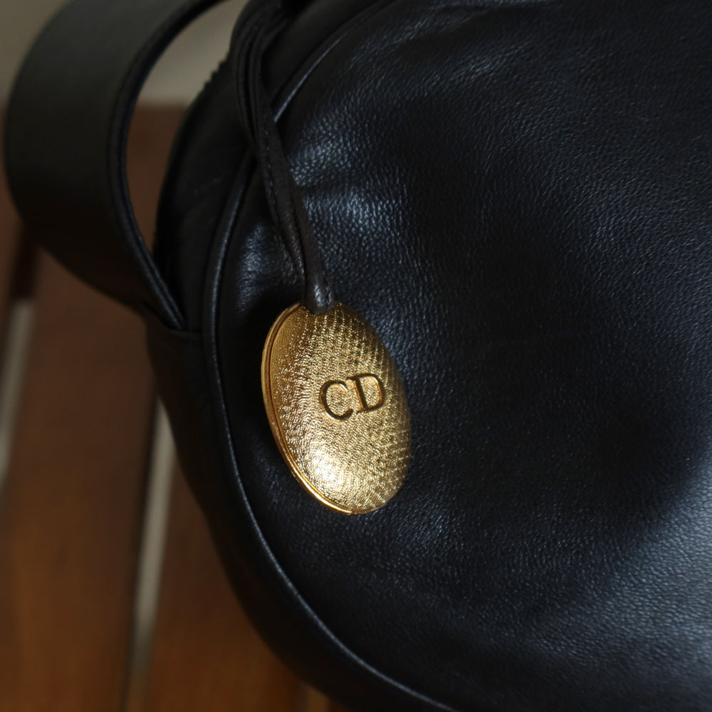 Christian Dior Vintage Black Leather Gold CD Cannage Charm Crossbody Bag