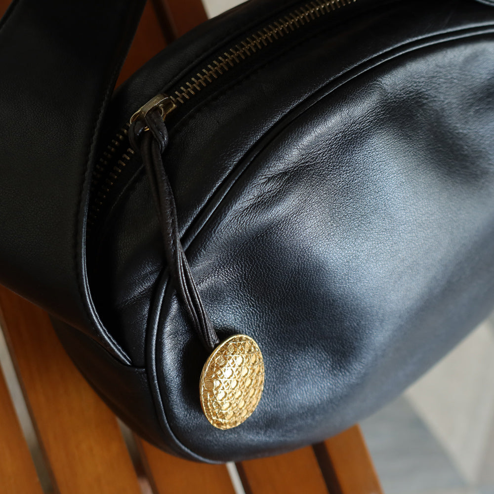 Christian Dior Vintage Black Leather Gold CD Cannage Charm Crossbody Bag