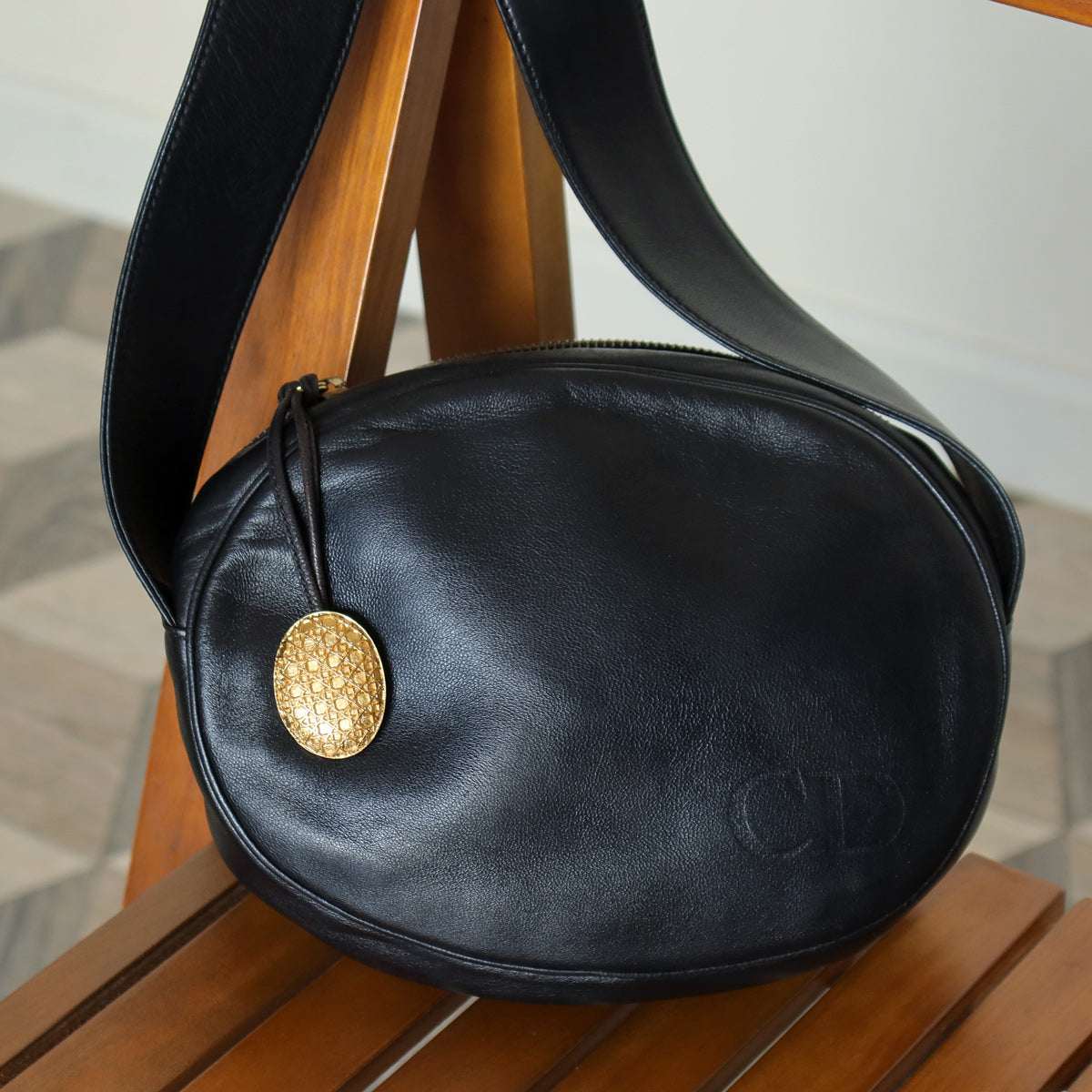 Christian Dior Vintage Black Leather Gold CD Cannage Charm Crossbody Bag